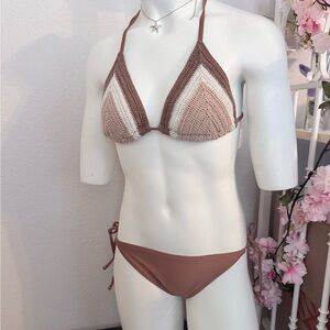 Brown and Cream Crochet Bikini Set